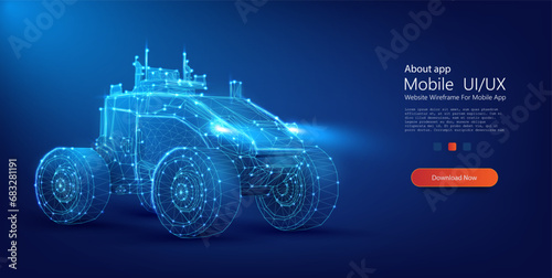 Mars explorer. Discovery transport and scientific rover. Futuristic 3D Wireframe Tractor Design on a Dark Blue Background Illustrating Modern Agriculture Technology. Vector illustration