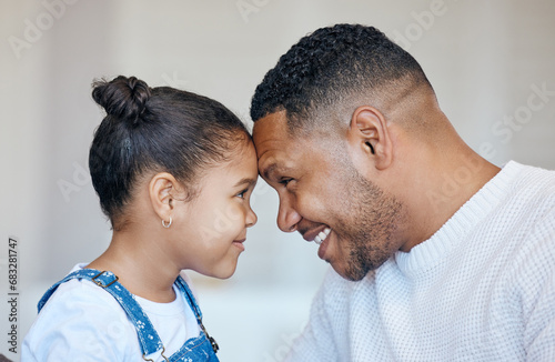 Child, face profile and happy family father, papa or Brazil man care, support and home happiness for young girl. Youth daughter, forehead and apartment dad bonding, smile or parent connect with kid