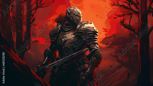 Medieval Black Knight in armor with sword against a burning sky filled with smoke3D Illustration
