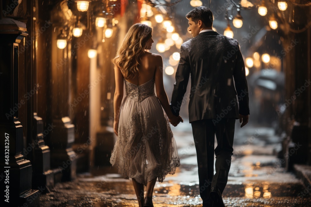 The bride and groom are walking in a rainy street