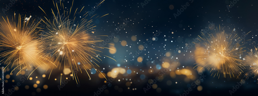 Happy New Year 2024, New Year's Eve firework sparkler firework party celebration holiday greeting card with text - Gold fireworks, sparklers and golden bokeh lights, blue background banner - obrazy, fototapety, plakaty 