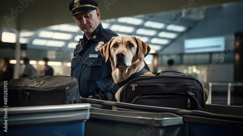 meticulous work of an officer with a suitcase, conducting checks for dogs at the airport photo