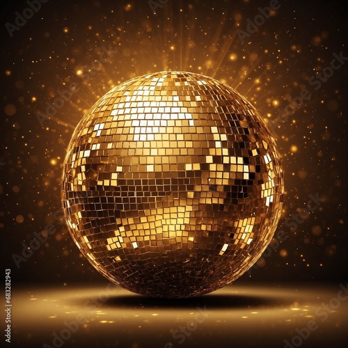 Shiny gold disco ball dark golden background. Ai Generative