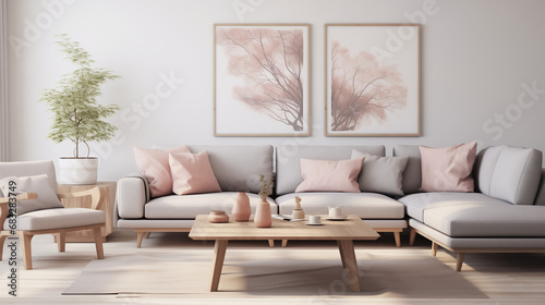 Gray linen sofa complemented by pastel cushions with gray and pink pillows and cozy charm. © Colorful