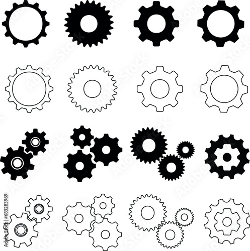 Gear Vector Illustration, Industrial Mechanical Engineering Design. Black and white gears, cog icons, perfect for mechanical, engineering, and industrial designs