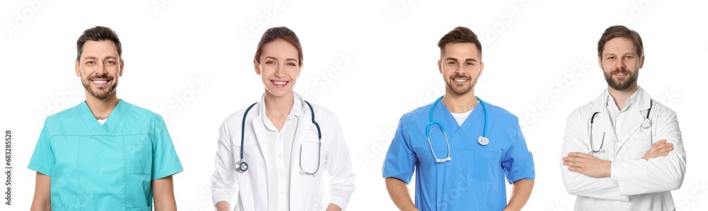 Happy medical nurses on white background, set of photos Happy medical nurses on white background, set of photos