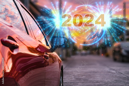EV Car 2024 Service maintenance technology background tech happy new year 2024. for transport automotive automobile industrial and car business new factory 2024 technology co2 EV car electric car.
