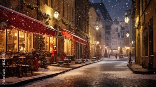 Old Town Christmas Glow: Stock images capture a charming street on Christmas night in an old European town