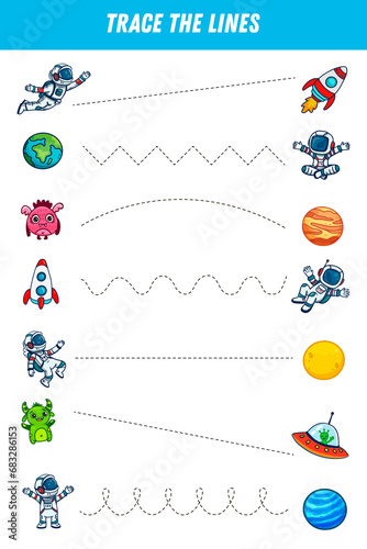 Tracing lines for kids. Cute cartoon astronaut, monster, ufo, planets, rocket. Handwriting practice. Educational game for preschool kids. Activity page