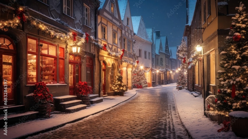 Old Town Christmas Glow: Stock images capture a charming street on Christmas night in an old European town