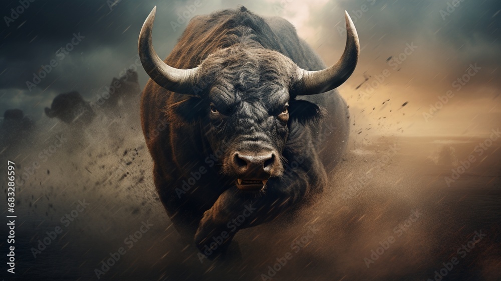 Naklejka premium A cowboy's incredible display of courage as he tames a wild bull