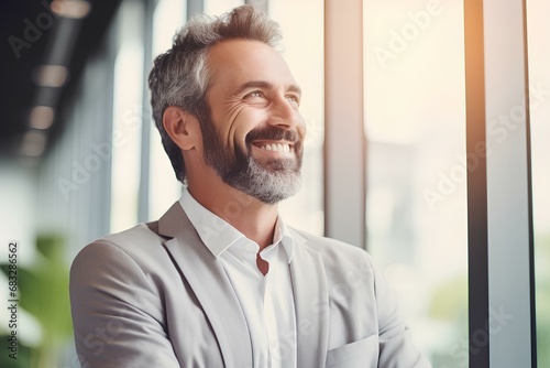 Happy confident business man leader looking away standing in office. Smiling professional businessman manager executive, male worker feeling cheerful thinking of financial success. generative AI