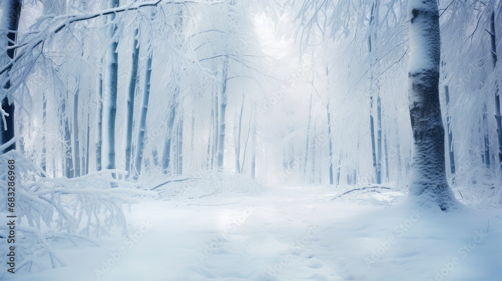 Fairy-tale beautiful snowy winter forest, picture with blank space for text Fairy-tale beautiful snowy winter forest, picture with blank space for text