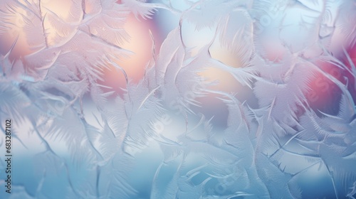 Beautiful frosty winter pattern on glass window with blurred background landscape behind