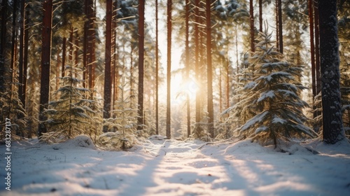 Snowfall in coniferous winter forest, sun rays breaking through trees, spruce branches under snow 