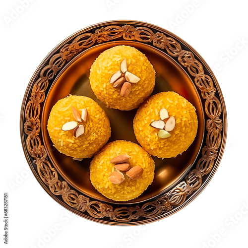 top view of Indian sweet Besan Ladoo isolated on a white transparent background 