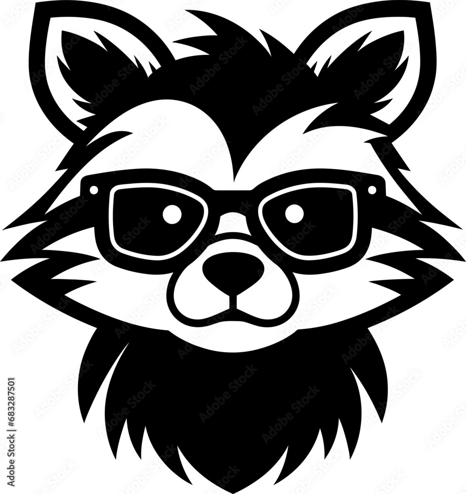 Raccoon with sun glasses silhouette icon in black color. Vector template.