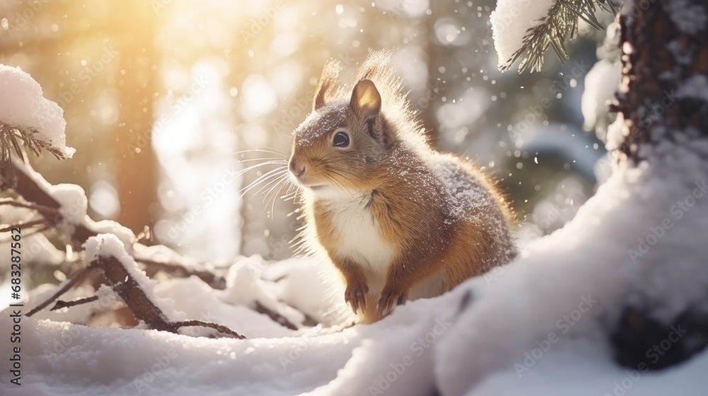 Snowfall in coniferous winter frosty forest close up, bright day sun rays breaking through trees with small pretty squirrel between them Snowfall in coniferous winter frosty forest close up, bright day sun rays breaking through trees with small pretty squirrel between them