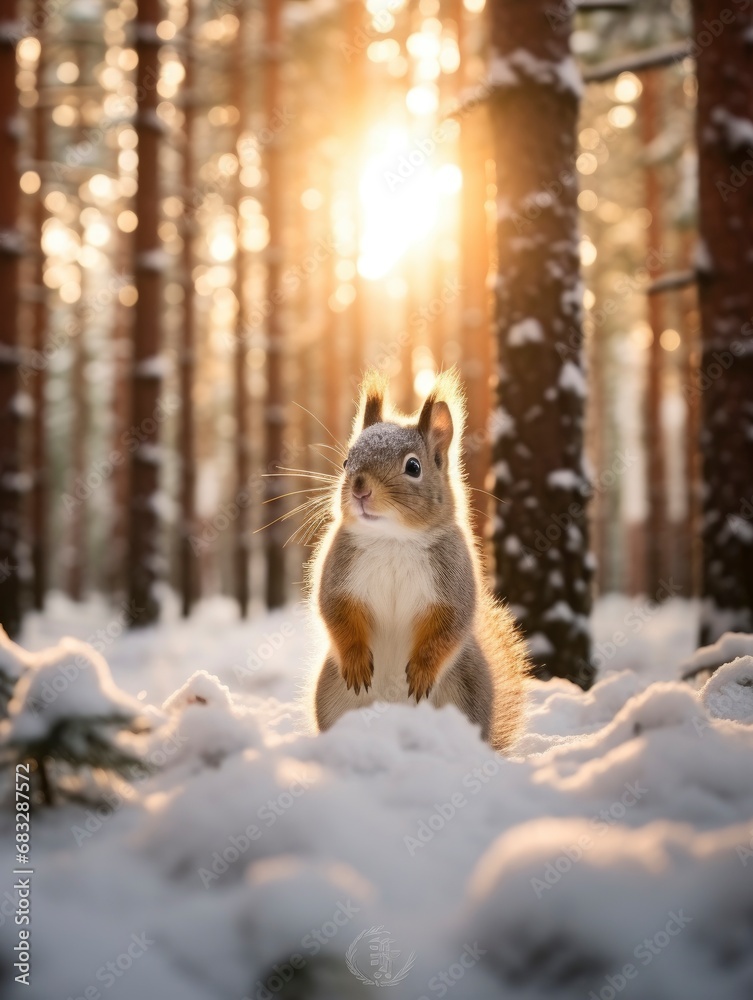 Snowfall in coniferous winter frosty forest close up, bright day sun rays breaking through trees with small pretty squirrel between them Snowfall in coniferous winter frosty forest close up, bright day sun rays breaking through trees with small pretty squirrel between them