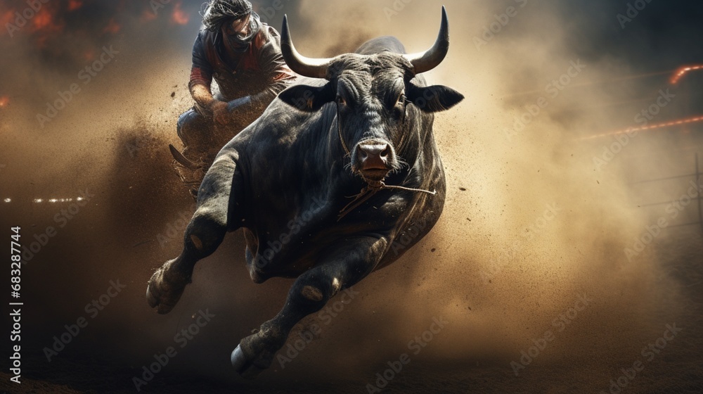 A cowboy's incredible display of courage as he tames a wild bull A cowboy's incredible display of courage as he tames a wild bull