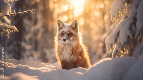 Snowfall in coniferous winter frosty forest close up, morning sun rays breaking through trees with small pretty fox between © shooreeq