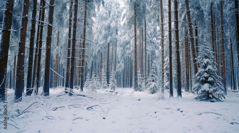 Snowfall in winter beautiful coniferous forest close up at day, branches under snow