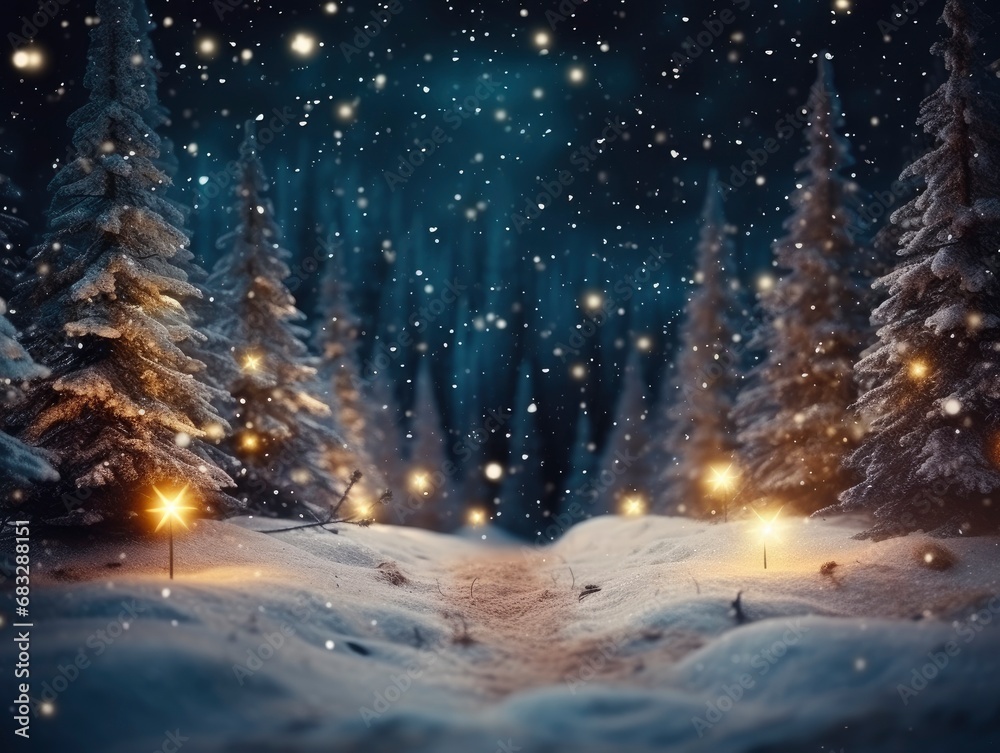 Fototapeta premium Snowfall in winter beautiful coniferous forest close up at night fairytale atmosphere