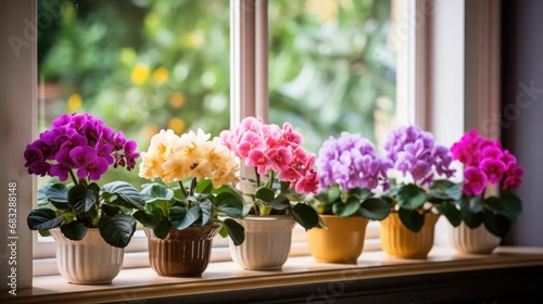 Windowsill Botanical Haven  Stock images showcase blooming Saintpaulias on a light windowsill  a collection for indoor gardening enthusiasts.