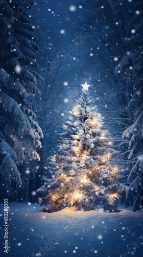Snowfall in winter beautiful forest at night, Christmas tree decorated with many toys and lights © shooreeq