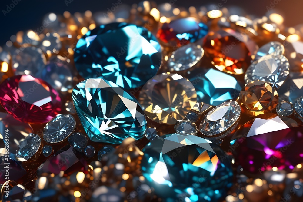 Glamorous diamonds, gems and jewels exude elegance and luxury indoors. Glamorous diamonds, gems and jewels exude elegance and luxury indoors.