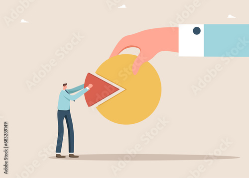 Profit share in business or investment, company shareholder owns part of assets, concept of market distribution or competition, analysis of income and expenses, man and hand add up parts of pie chart.