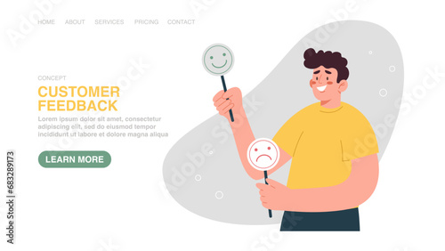 User experience, positive feedback about the quality of product or service, high customer ratings, positive emotions, survey or voting, digital marketing. Web banner with man shows signs with emotions