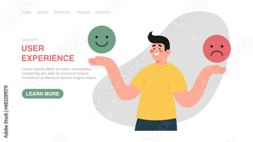 User experience, positive feedback about the quality of a product or service, high customer ratings, positive emotions, survey and voting, digital marketing. Web banner with man holds emotional emoji.