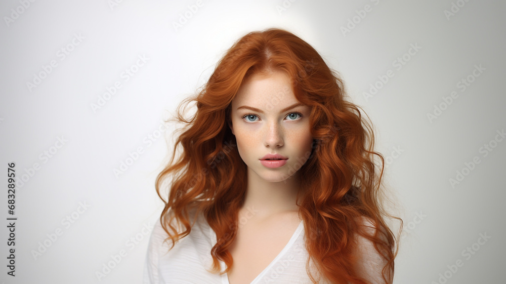 Beautiful young woman looks at camera on white background Beautiful young woman looks at camera on white background