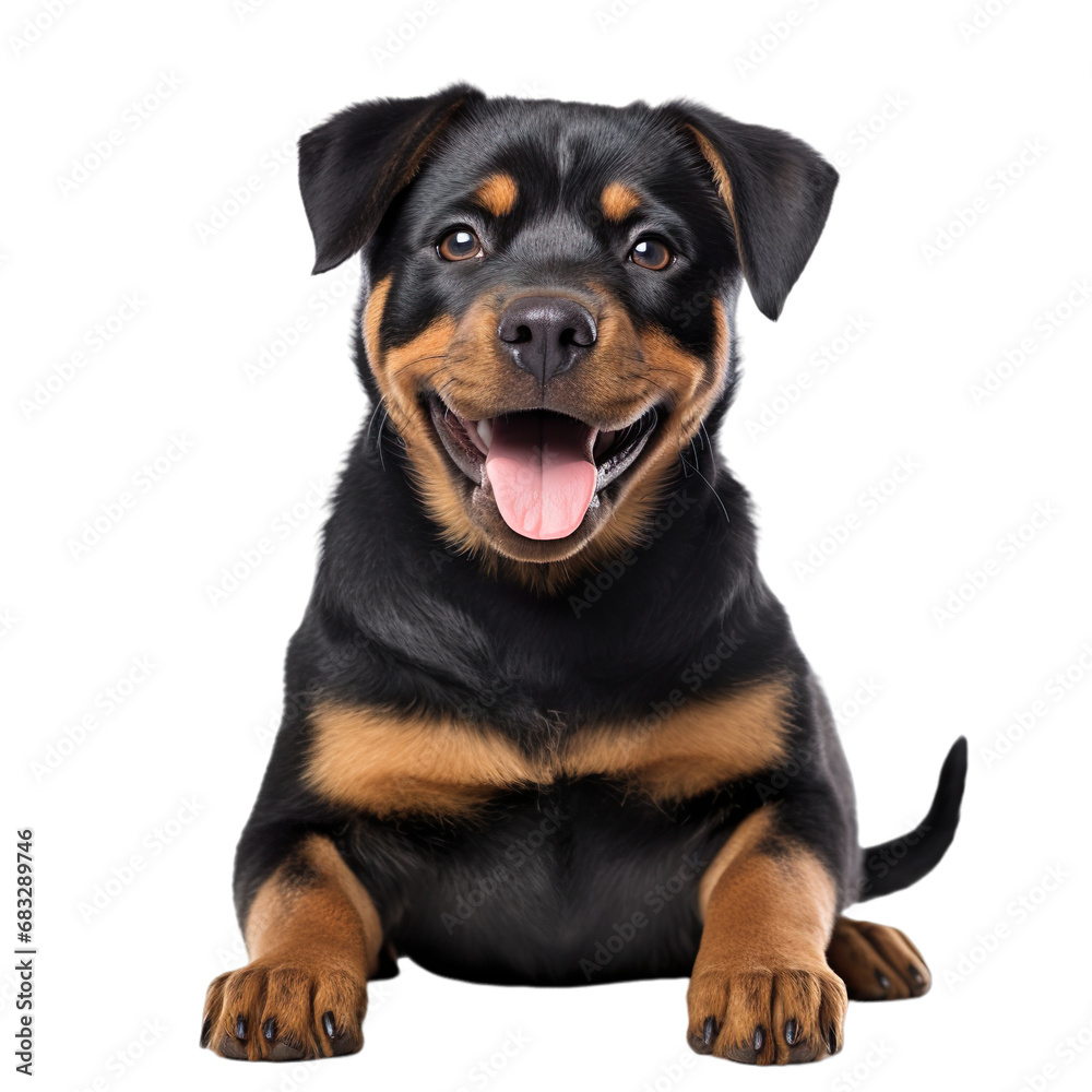 front view of Rottweiler puppy isolated on a white transparent background 