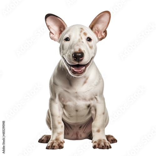 front view of Bull Terrier puppy isolated on a white transparent background 