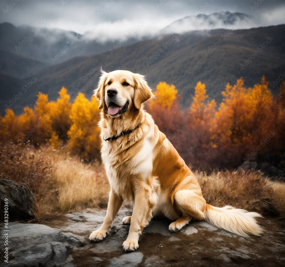 Color splash wide photo of golden retriever in front of mountains, detailed, mist, soft vignette