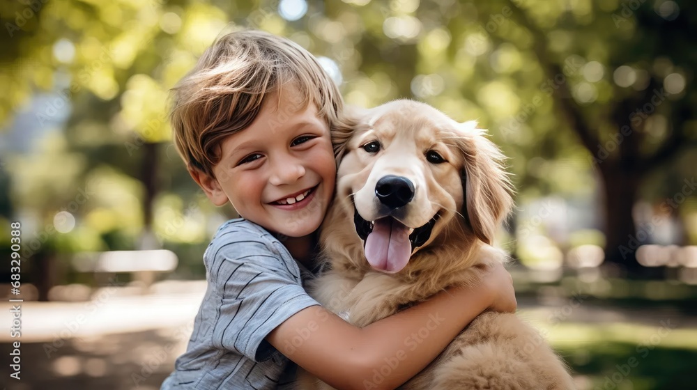 Stock images capture a hand caressing a cute stray dog in a summer park, with a man hugging an adorable yellow dog.
