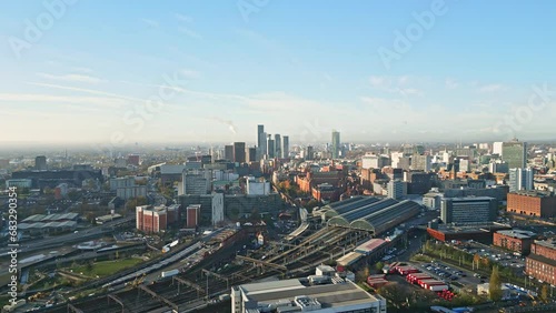 Aerial Drone - Manchester City Wide Going Toward City Centre With Train Station