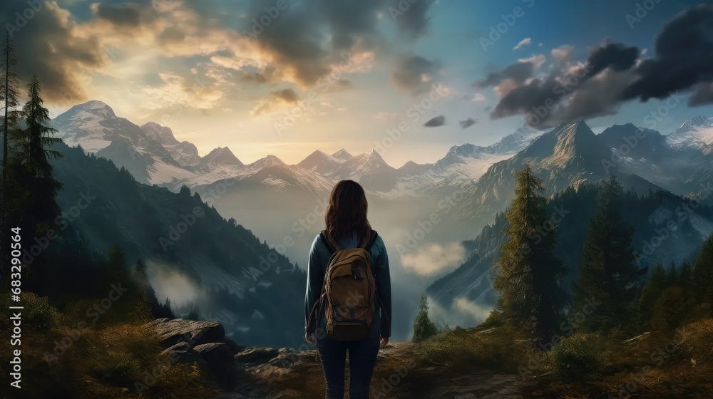 Stock images capture a woman traveler with a backpack holding a hat, gazing at amazing mountains and forest.