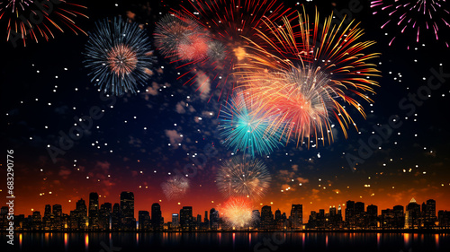 A spectacular display of colorful fireworks in the night sky on New Year s Day.
