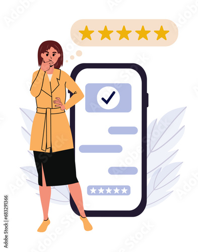 A girl stands by the phone and gives feedback. Vector illustration. Feedback. Thinking about quality assessment. Face and character. Flat style. Opinion. Excellence. Service. Thoughts