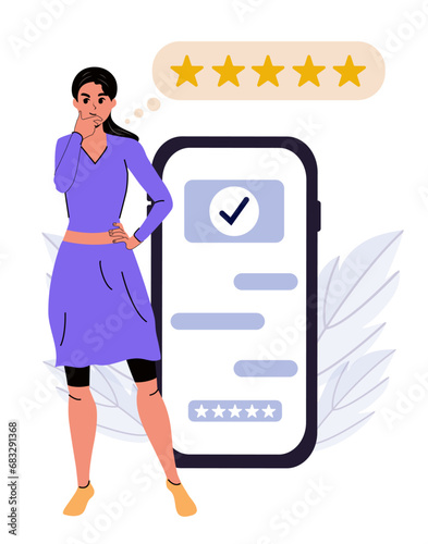The girl stands by the phone and gives feedback. Vector stock illustration. Service. Face and character. Flat design. Isolated. Competitiveness analysis. Review of the service. Quality
