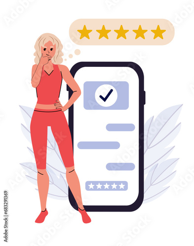 A girl gives feedback. Vector illustration. Feedback about the application. Competitiveness analysis. Thinking about quality assessment. Face and character. Flat style. Opinion. Excellence. Service.