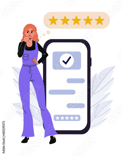 The girl stands by the phone and gives feedback. Vector stock illustration. Competitiveness analysis. Thinking about quality assessment. Flat design. Person, she. Feedback about the service. Opinion 