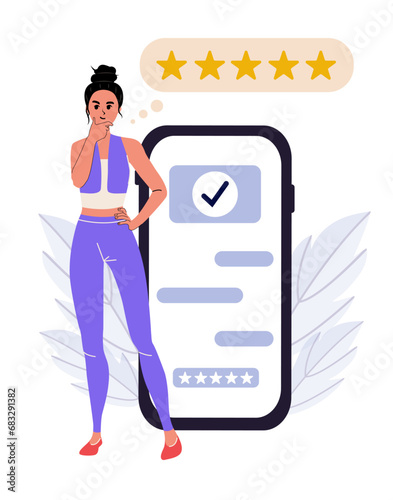 The girl  gives feedback. Vector stock illustration. Face and character. Flat design. Person, she. Feedback about the service. Mobile application Public opinion. Competitiveness analysis.