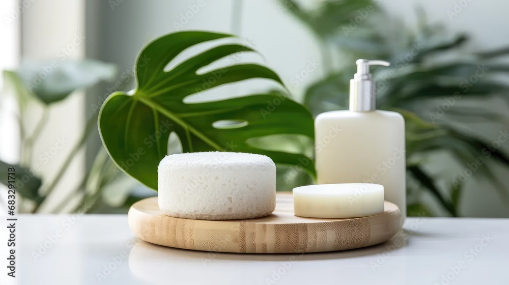 Stock images feature handmade natural solid shampoo, bamboo brush, deodorant, and sponge on a white tray with green monstera leaves. Stock images feature handmade natural solid shampoo, bamboo brush, deodorant, and sponge on a white tray with green monstera leaves.