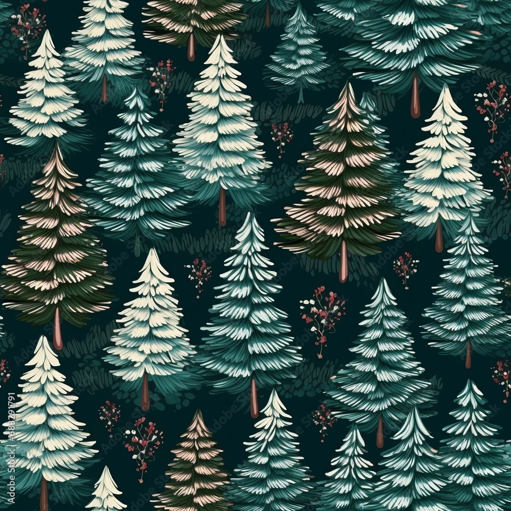 Obraz premium Christmas Spruce Trees Embroidery Seamless Pattern for Fabric
