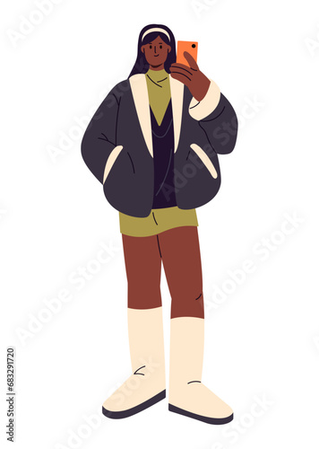 Happy woman standing, take photo her self by smartphone. Cute girl wearing warm outfit, hold phone in hand. Stylish people, winter fashion. Flat isolated vector illustration on white background