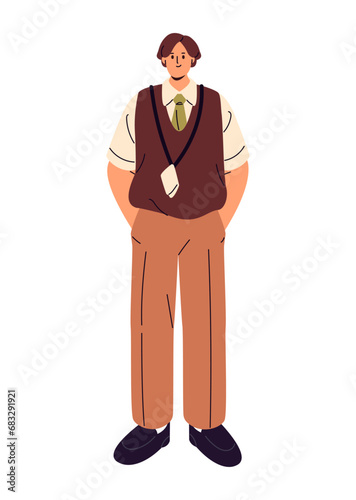 Manager, agent assistant with badge standing, his hands in pocket. Young man wearing formal outfit: tie, vest. Worker, employee portrait. Flat isolated vector illustration on white background